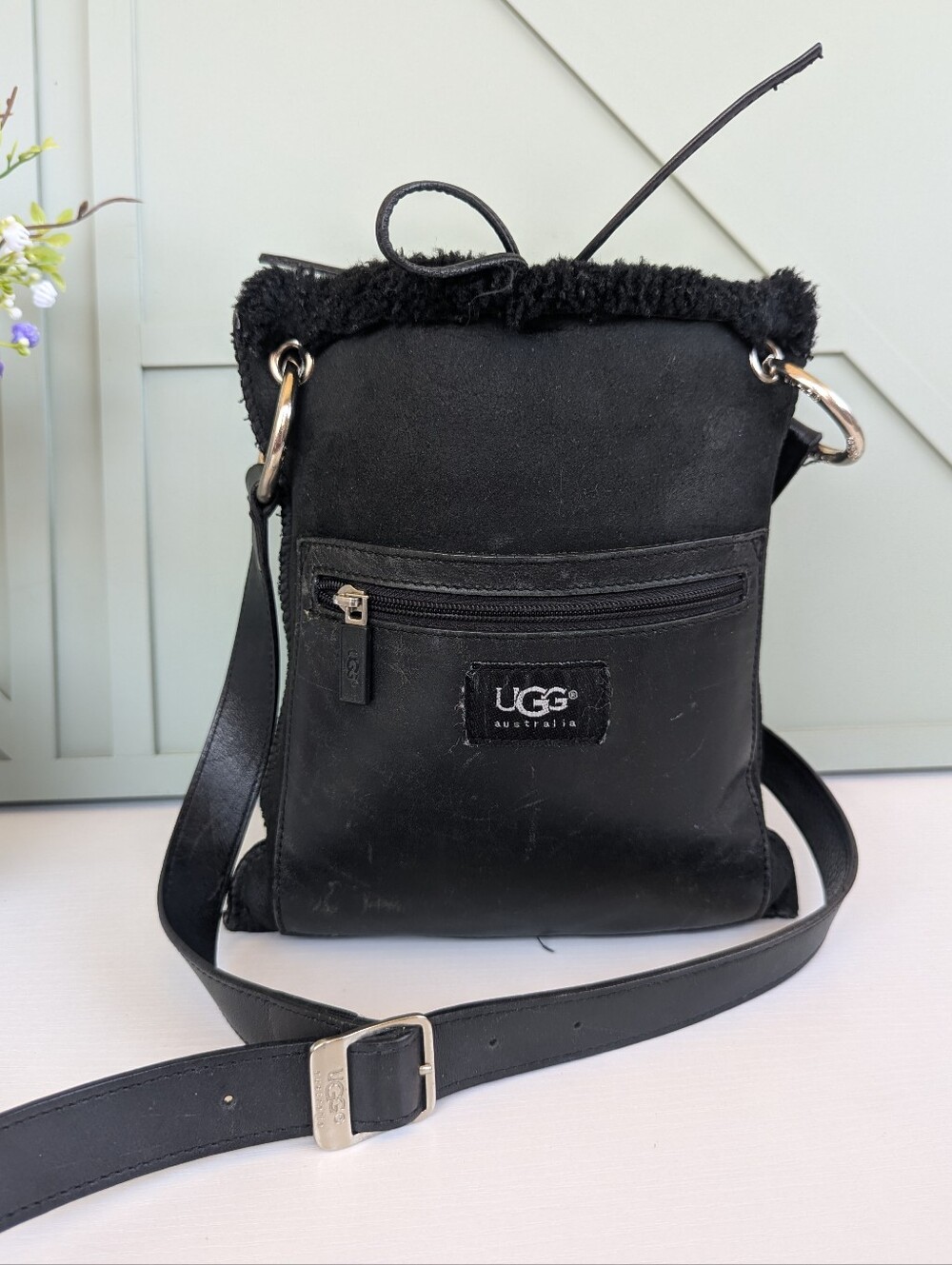 UGG Black Shearling-Trim Crossbody Bag